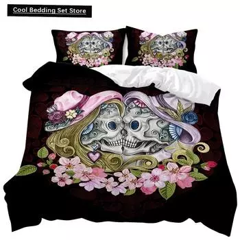 Комплект постельного белья с рисунком черепа и цветочным принтом для двоих с рисунком розы, День святого Валентина, Хэллоуин, череп, готика, скелет, полиэстер, одеяло EU single(135x200cm)