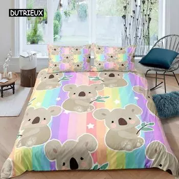 Комплект постельного белья с рисунком коалы из мультфильма, радужная полоса, милый комплект постельного белья с принтом коалы, размер King Size, 2/3 шт., пододеяльник с изображением животных EU single(135x200cm)