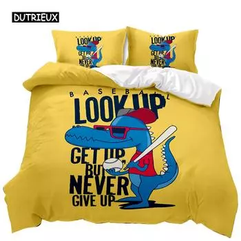 Комплект постельного белья с рисунком динозавра, играющего в бейсбол, никогда не сдавайся, комплект постельного белья с рисунком двуспального размера Queen King Size из полиэстера EU single(135x200cm)