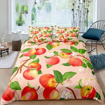 Комплект постельного белья с рисунком красного яблока, комплект постельного белья из 3 предметов с рисунком акварельных яблок для детей, пододеяльник из полиэстера с фруктовой тематикой EU Single(135x200cm)