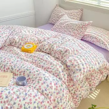 Комплект постельного белья с рисунком из мультфильма, пододеяльник + простыня + 2 наволочки, постельное белье с фиолетовым цветком, односпальная кровать, домашний текстиль для спальни AU-Sigle150x200 4pcs