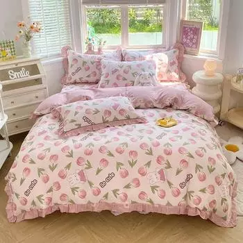 Комплект постельного белья с розовым цветочным принтом, 100% хлопок, корейский стиль, оборка, пододеяльник с 2 наволочками, приятный для кожи комплект постельного белья размера «queen-size» 200x230cm Queen 3Pc