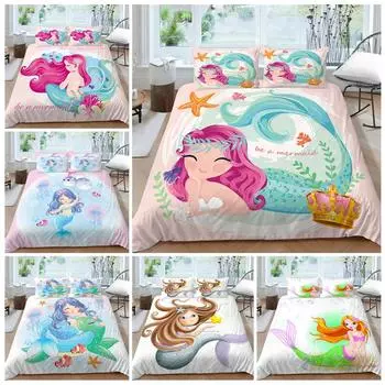 Комплект постельного белья с русалкой, пододеяльник, домашнее постельное белье для девочек, пододеяльник, наволочка, простыня/двуспальная кровать, полный размер, 2/3 шт. Baby 100x135cm