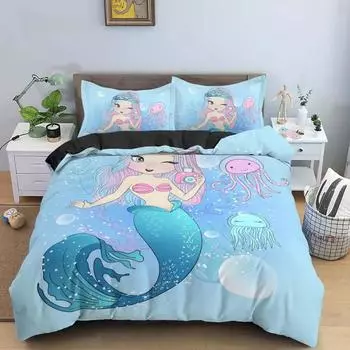 Комплект постельного белья с русалкой, пододеяльник для девочек, мультяшный одеялко с русалкой, покрывало для детей, подростков, подарки на день рождения, украшения для спальни EU single(135x200cm)