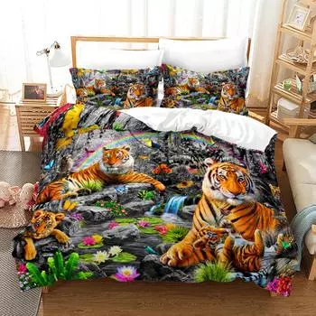 Комплект постельного белья с тигром и 3D-принтом «Озеро Радуга» с изображением диких животных, полный размер King Size для мальчика и девочки, полиэстеровое одеяло 70x133cm 2pcs