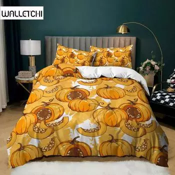 Комплект постельного белья с тыквой Комплект постельного белья с тыквенным принтом на тему праздника Хэллоуина и Дня благодарения Постельное белье из микрофибры Покрывало размера Queen EU single(135x200cm)