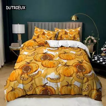 Комплект постельного белья с тыквой Комплект постельного белья с тыквенным принтом на тему праздника Хэллоуина и Дня благодарения Постельное белье из микрофибры Покрывало размера Queen EU single(135x200cm)