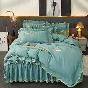 Комплект постельного белья с вышивкой, хлопковый комплект королевского размера, роскошная двуспальная кровать для спальни, 4 шт., пододеяльник, мягкая юбка-кровать с 2 наволочками зеленого цвета 1.2x2m-47x79inch bed синий