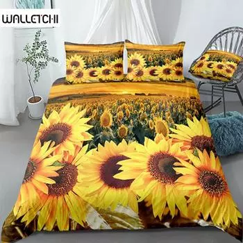 Комплект постельного белья с желтыми цветами Постельное белье с изображением подсолнухов Поля подсолнухов с напечатанными на них ботаническими цветами на закате Комплект постельного белья из полиэстера EU single(135x200cm)