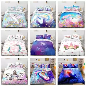 Комплект постельного белья серии 3D Единорог с мультяшными животными, пододеяльник и наволочка, 2/3 предмета, милое животное для комнаты для девочек, мягкое украшение для дома, которое можно стирать в машине Baby 100x135cm
