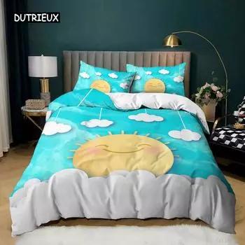Комплект постельного белья Sky Duvet Cover Queen Polyester Blue Sky White Clouds Sun Print Set для девочки-подростка Lovely Children Bedroom Collection EU single(135x200cm)