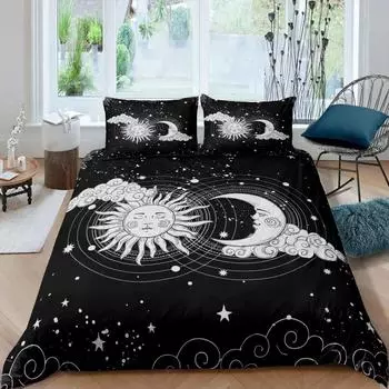 Комплект постельного белья Sun Moon из микрофибры Queen Bohemian Black And White Print Yin Yang Комплект постельного белья Galaxy Star Twin EU Single 135x200cm