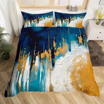 Комплект постельного белья темно-синего цвета с постепенным изменением цвета масляной живописи, напечатанный на пододеяльнике, эстетический абстрактный комплект из трех предметов EU single 135*200