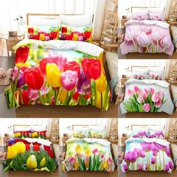 Комплект постельного белья Tulips Duvet Cover из 3 предметов, легкая микрофибра, 1 пододеяльник, 2 наволочки, удобные, дышащие, очень прочные 218x177cm 86x70in