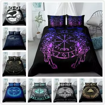Комплект постельного белья Vikings Yggdrasil Fenrir Wolf King Queen Double Full Twin Single Size Mythology Symbols Runes 70x133cm 2pcs