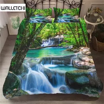 Комплект постельного белья «Водопад» с изображением природного пейзажа, наволочка с изображением пейзажа и леса, комплект постельного белья из полиэстера размера «queen size» EU single(135x200cm)