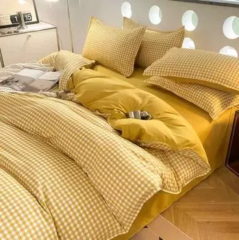 Комплект постельного белья в клетку Ins Nordic пододеяльник без наполнителя + простыня + 2 наволочки односпальное двуспальное покрывало размера Queen King Size B93b AU-Sigle150x200 4pcs