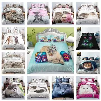 Комплект постельного белья в кошачьем стиле с милым рисунком домашнего животного, пуховое одеяло и наволочка, 2/3 кусочка ткани из микрофибры, моющиеся и быстросохнущие, украшение для дома Baby 100x135cm