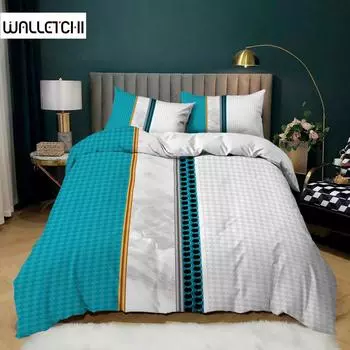 Комплект постельного белья в полоску в клетку, 2/3 предмета, размер King, сине-белый клетчатый комплект с золотыми полосками, полиэстеровое одеяло EU single(135x200cm)