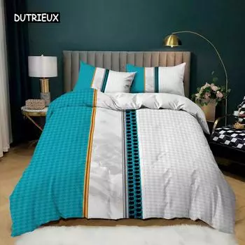 Комплект постельного белья в полоску в клетку, 2/3 предмета, размер King, сине-белый клетчатый комплект с золотыми полосками, полиэстеровое одеяло EU single(135x200cm)