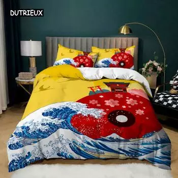 Комплект постельного белья в японском стиле из микрофибры King Sea Wave Cherry Blossoms, комплект постельного белья для близнецов в японском стиле с изображением восточных мотивов US Queen(228x228cm)