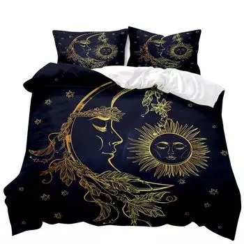 Комплект постельного белья в стиле бохо с 3D-изображением «Золотое солнце и луна» для детей, подростков, взрослых, двуспальный, размера «king-size», полиэстеровый чехол-кровать 70x133cm 2pcs
