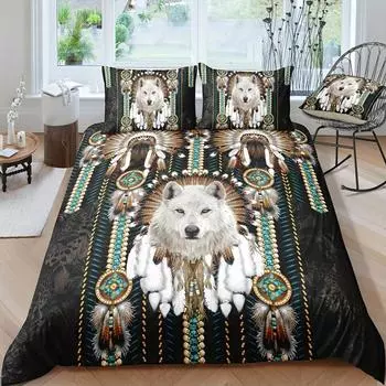 Комплект постельного белья Western Tribe 1*пододеяльник+2*наволочки Этнический стиль Перо Волк Принт Ацтекский Мягкий Удобный Комплект постельного белья 135X200cm