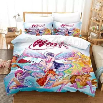 Комплект постельного белья Winx Single Twin Full Queen King Size Bed Set Aldult Girl Bedroom Duvetcover Sets 3D Print Anime Kawaii EU Single 135x200cm
