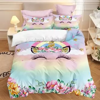 Комплект постельного белья Y2K Unicorn из 3 предметов, постельное белье с акварельными цветами Unicorn (1шт* пододеяльник + 2шт* наволочки, без наволочки) 90X200cm 2PCS