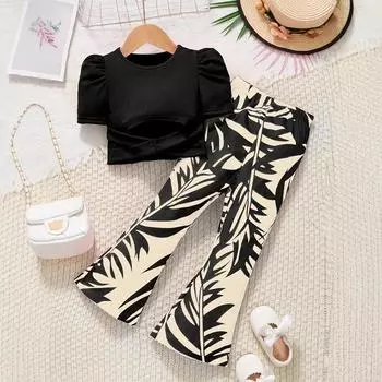 Комплект повседневных брюк для девочек, весенне-летний детский повседневный модный комплект расклешенных брюк 4-5Y чёрный