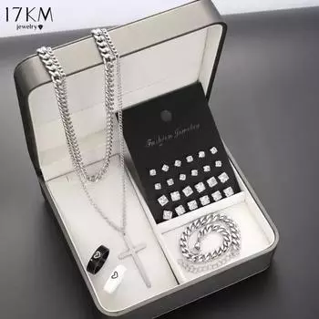 Комплект повседневных украшений из нержавеющей стали IF ME из 28 предметов, включая серьги с цирконами, ожерелье с подвеской-крестом и браслет с парными кольцами, (Коробка в комплект не входит)