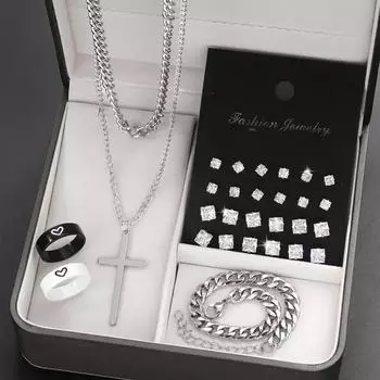 Комплект повседневных украшений из нержавеющей стали из 28 предметов, включая серьги с цирконами, ожерелье с подвеской-крестом и браслет с парными кольцами, (Коробка в комплект не входит)