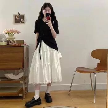 Комплект простого повседневного стиля для полных женщин, лето, скрывающий живот, стройнящий, для фигуры типа «груша», топ, юбка, комплект из двух предметов Long Suit XL [Suggested 60.00 kg-70.00 kg]]