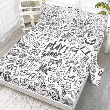 Комплект простыней Black Line Game из 4 предметов, включая 1 простыню без подкладки, 1 простыню очень большого размера, 2 наволочки (Минималистский, Текст) 99cmx199cm