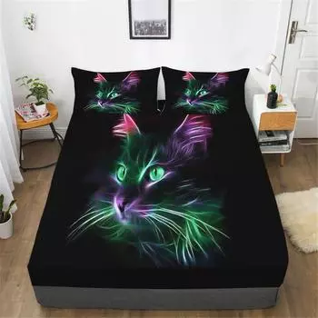 Комплект простыней для кошек, Милый комплект постельного белья с кошками и наволочка, Постельное белье с животными, Простыня на резинке, Мягкий микрофибровый чехол-покрывало для декора 3 шт. 90x200cm