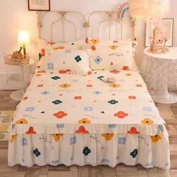 Комплект простыней из 100% хлопка с принтом, покрывало King Queen Size, милая толстая юбка из чистого хлопка с 2 наволочками 3pcs set 120x200cm