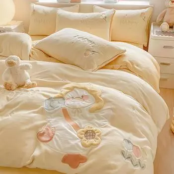 Комплект простыней из 4-х предметов из молочной фланели, зимнее одеяло, детский комплект из 3-х предметов из коралловой ткани, шапочки для кровати 1.2m темно-зеленого