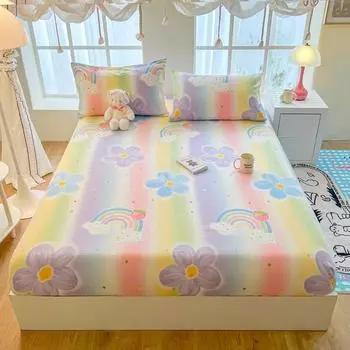 Комплект простыней на резинке с принтом радуги и фиолетовыми цветами, 3 шт., мягкий, удобный, нескользящий, защитный матрас, комплект постельного белья для детей, мальчиков и девочек 120x200x25cm 3Pcs