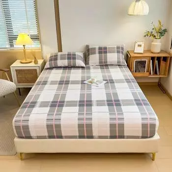 Комплект простыней на резинке в геометрическую клетку из чистого хлопка, утолщенный чехол для матраса, эластичная простыня с наволочками для девочек и мальчиков 150x200x25cm 3Pcs