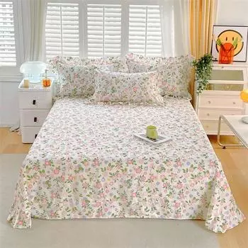 Комплект простыней с розовыми цветами из 3 предметов, 100% хлопок, простыни с закругленными углами, наволочки с оборками, легкий роскошный комплект постельного белья в корейском стиле 180x230cm 3Pcs