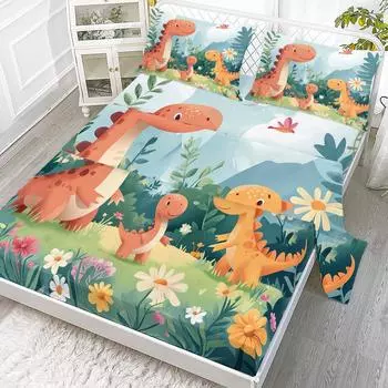 Комплект простыней «Сад динозавров» из 4 предметов, в том числе 1 плоская простыня, 1 очень большая простыня, 2 наволочки (Смешно, Дети) 99cmx199cm