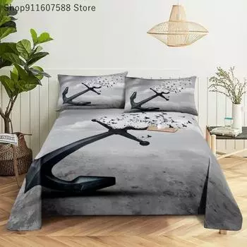 Комплект простыней в сине-белую полоску с изображением якоря, 3D-печать, простыня темно-синего цвета с наволочкой, постельное белье размера King Queen 110x230cm 2pcs