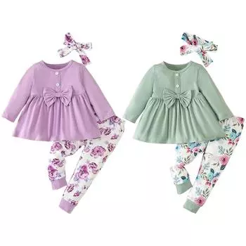 Комплект пуловера и брюк для маленьких девочек, топ с длинными рукавами и брюками с принтом, комплект детской одежды 9-12M