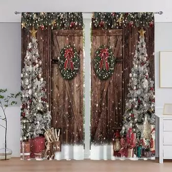 Комплект рождественских штор из 2 предметов, амбарные деревянные дверные карнизы, полиэстеровые шторы для гостиной, кухни, спальни, эл., ванной комнаты, 50W160H(CM)x2Panel&Hook