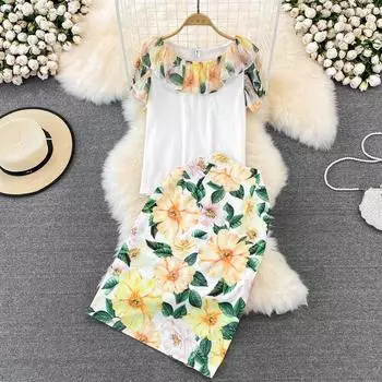 Комплект RUGOD, женский комплект знаменитостей с круглым вырезом, лоскутный топ с рюшами и принтом, комплект из двух предметов, юбка средней длины с высокой талией и запахом на бедрах