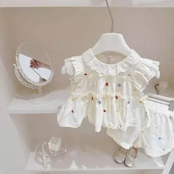 Комплект с цветочным принтом для девочек Летний детский комплект из двух предметов в корейском стиле Одежда для принцесс Для маленьких девочек S бежевый