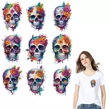 Комплект с цветочными черепами, наклейки для одежды, принт на футболке, джинсах, термонакладки, моющиеся, новый аксессуар для одежды «сделай сам», теплопередача