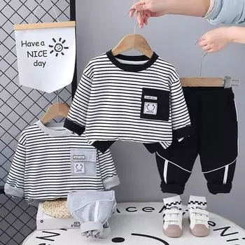 Комплект с длинными рукавами для мальчика 0-5 лет Детская толстовка с круглым вырезом Полосатый топ Повседневные брюки Комплект из двух предметов Модная одежда для малышей S серый