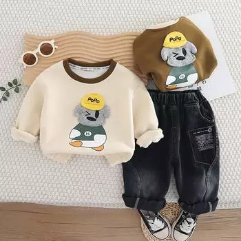 Комплект с длинными рукавами для мальчика 0-5 лет, детская толстовка с круглым вырезом и рисунком, повседневные джинсовые брюки, удобная одежда для малышей S коричневый