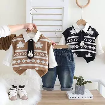 Комплект с длинными рукавами для мальчиков Детский жилет Maple Куртка Белая рубашка Топ Повседневные джинсовые брюки Комплект из трех предметов Удобная одежда для малышей S чёрный